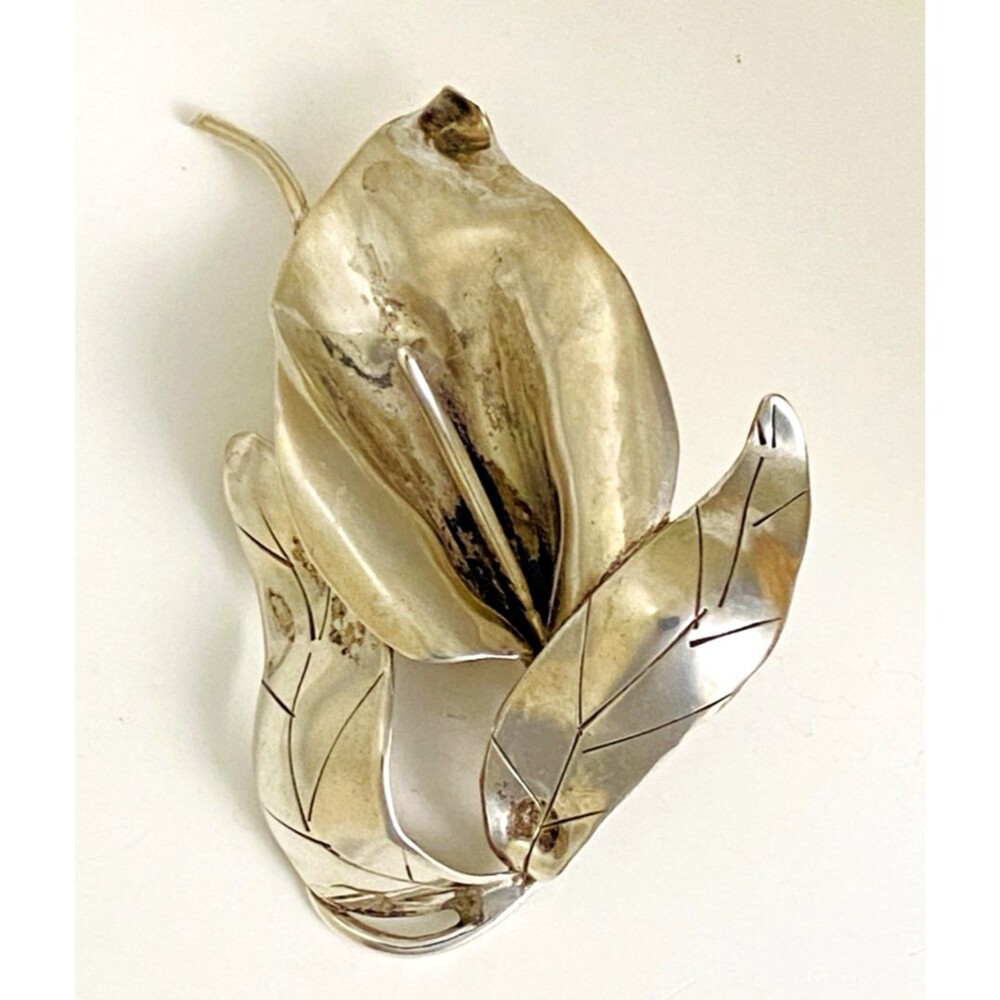 Vintage Modernist Sterling Silver Calla Lily Brooch Large Handmade Signed